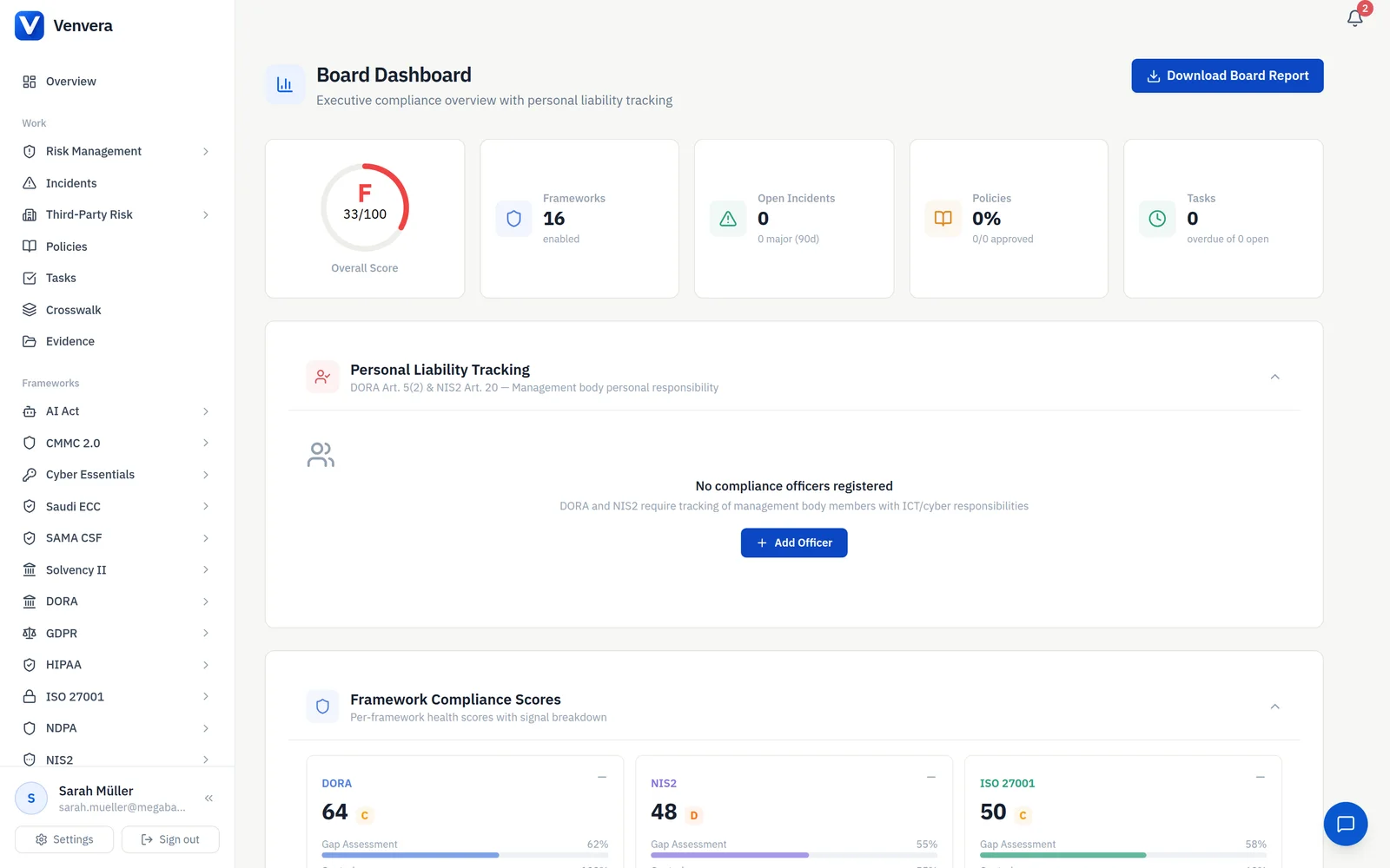 Venvera board dashboard rolling compliance posture into a board report