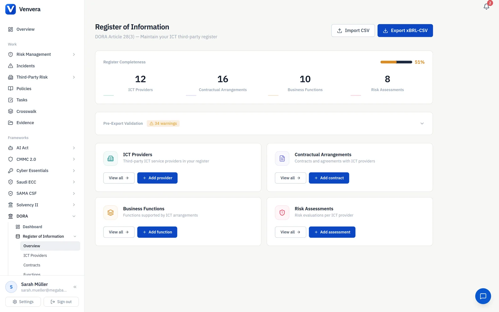 Venvera DORA Register of Information with completeness tracking and validation warnings Venvera DORA Register of Information with completeness tracking and validation warnings