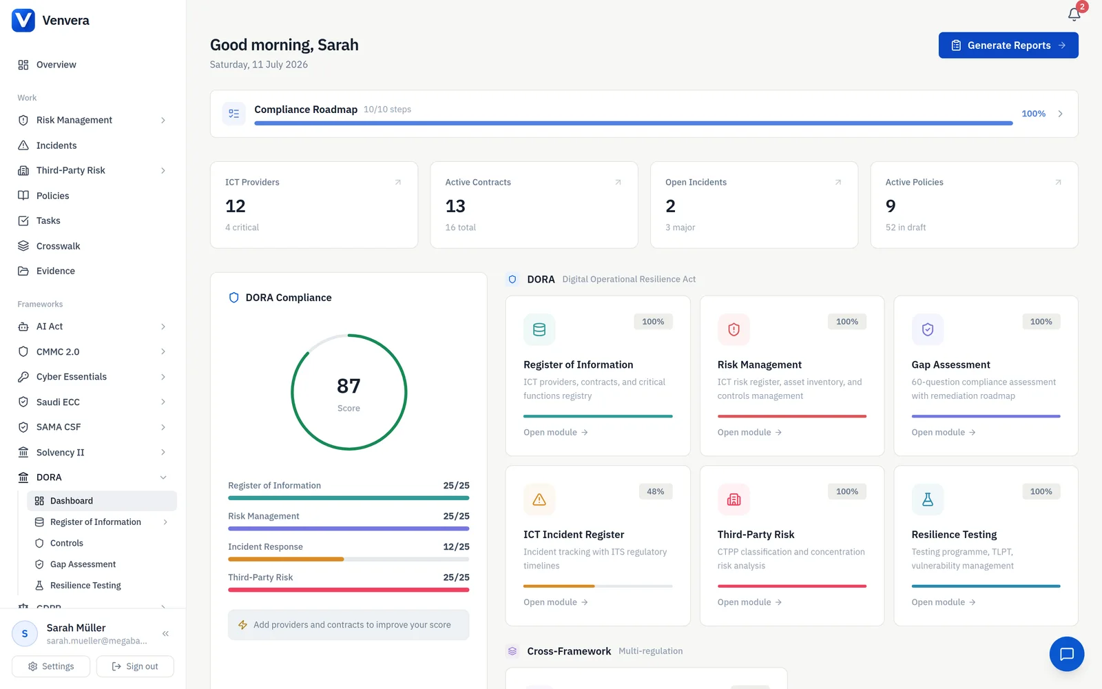 Venvera DORA compliance dashboard with score ring and per-chapter progress bars Venvera DORA compliance dashboard with score ring and per-chapter progress bars