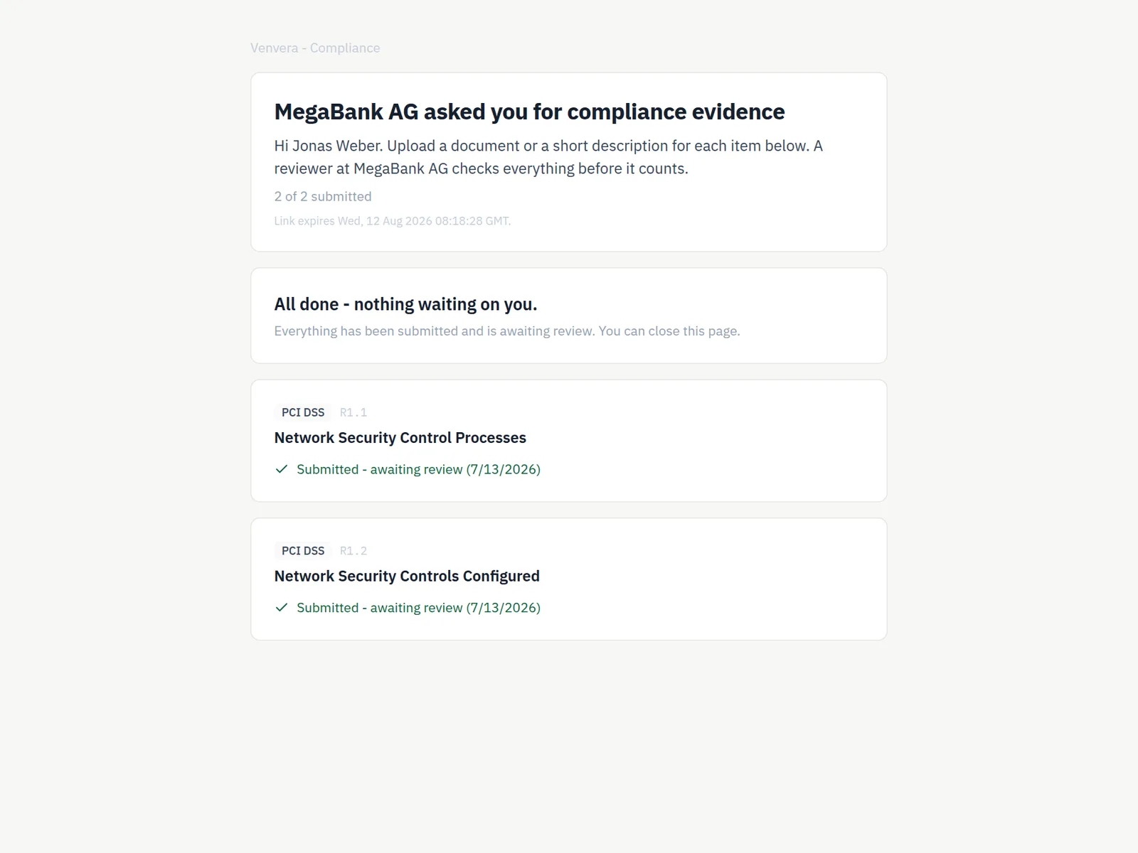 A domain contact's no-login evidence submission page: MegaBank AG asked you for compliance evidence, 2 of 2 submitted