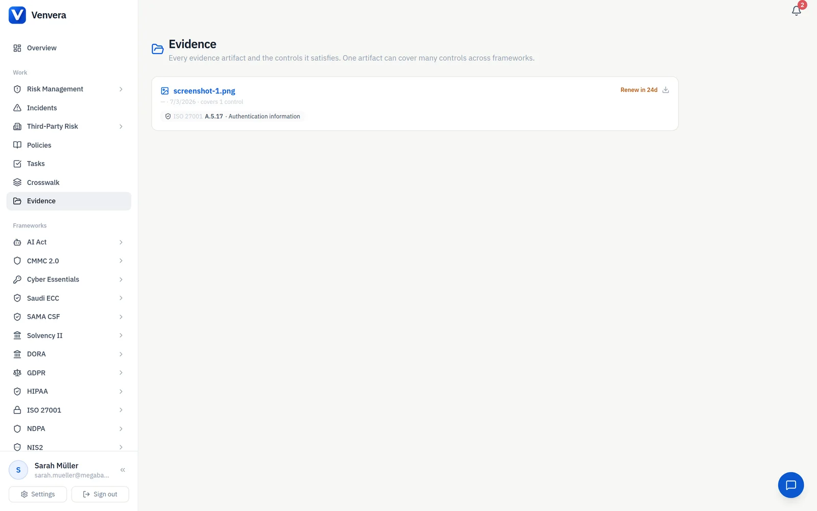 Venvera evidence vault with versioned, signed and timestamped artifacts